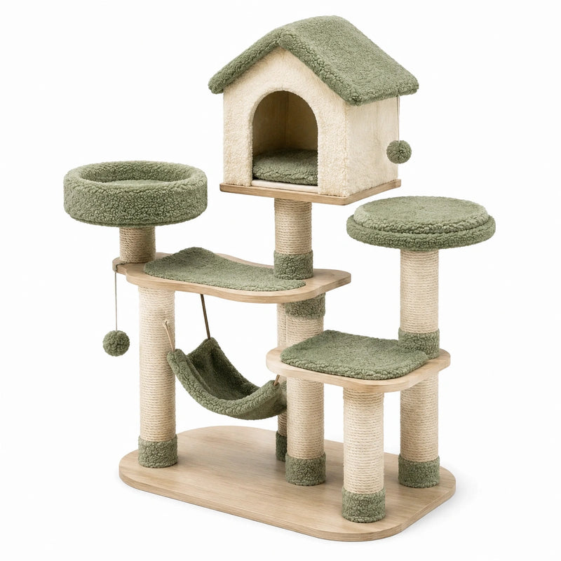 Árbol para gatos con casita y hamaca, madera y sisal, verde