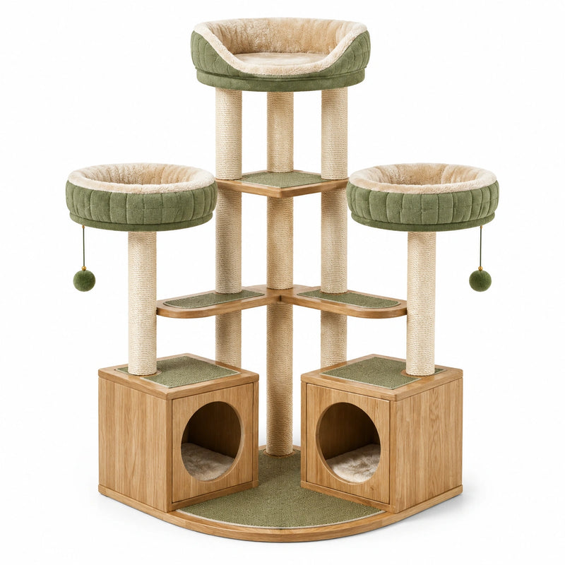 Árbol para gatos de madera con felpa verde y postes de sisal