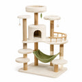 Árbol rascador de madera para gatos con hamaca verde y juguetes colgantes
