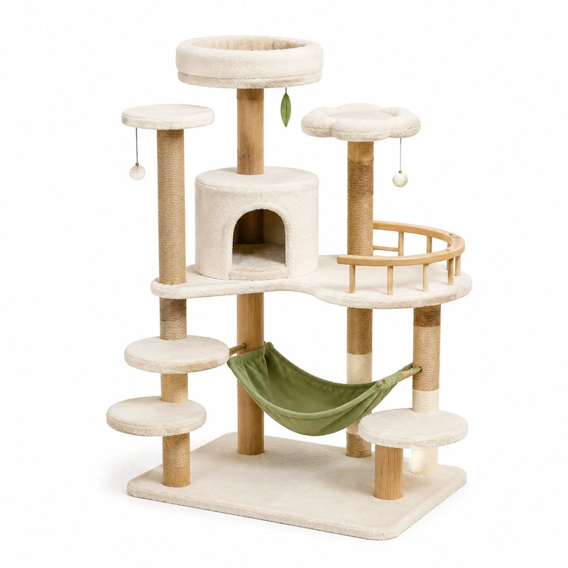 Árbol rascador de madera para gatos con hamaca verde y juguetes colgantes