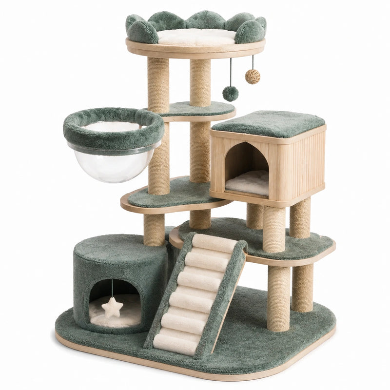 Árbol para gatos de madera y acrílico con rascadores de sisal y plataformas de poliéster