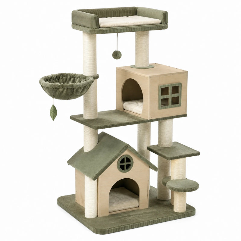 Árbol para gatos con casitas de madera y poste rascador de sisal verde