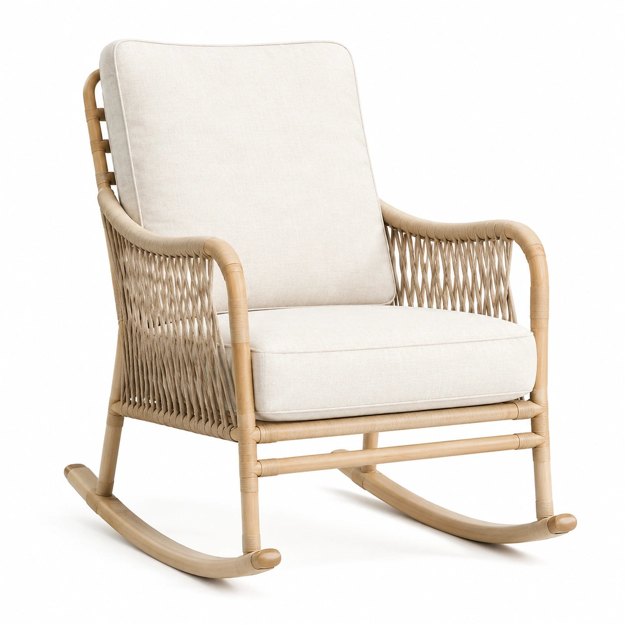 Mecedora de ratán sintético beige con cojines de lino