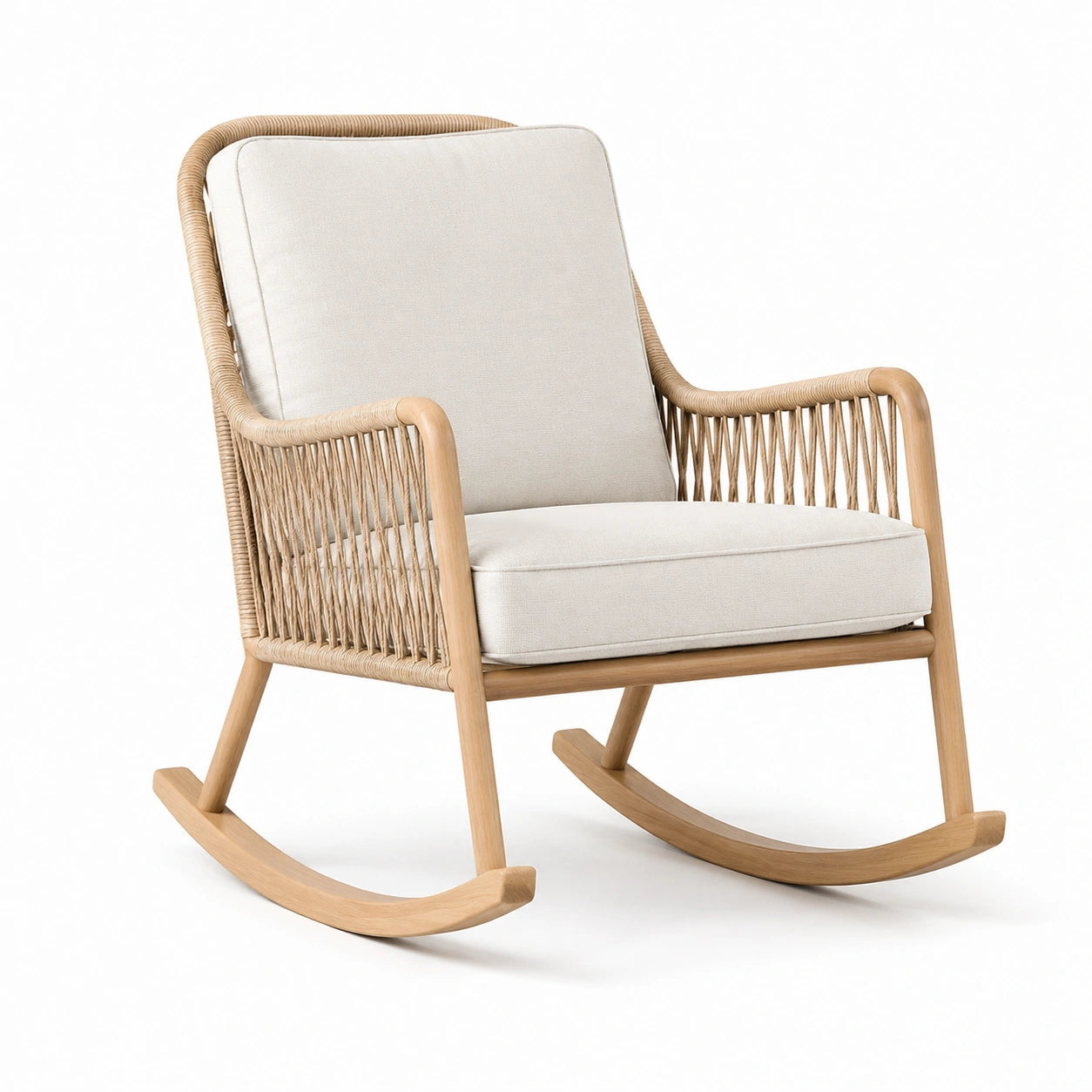 Mecedora de madera y ratán con cojines de poliéster beige