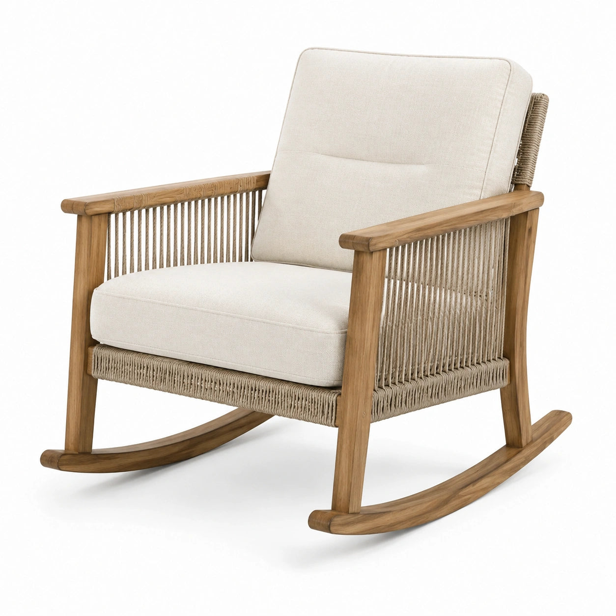Mecedora de madera y cuerda de poliéster beige