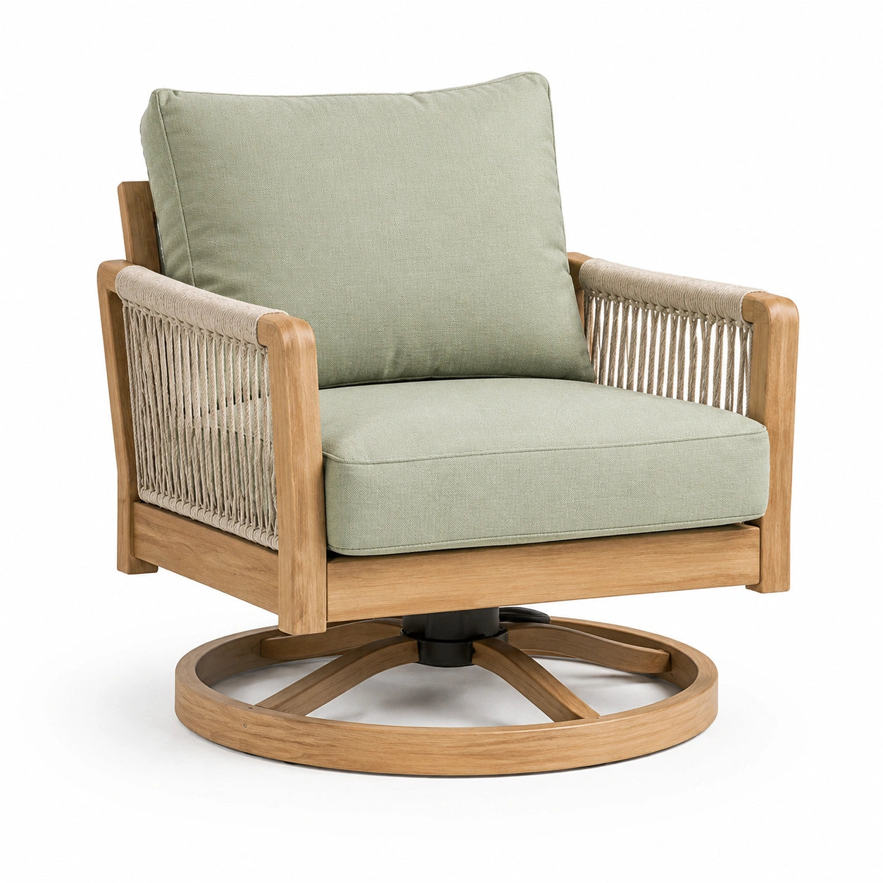 Silla giratoria de madera y cuerda con cojines verdes
