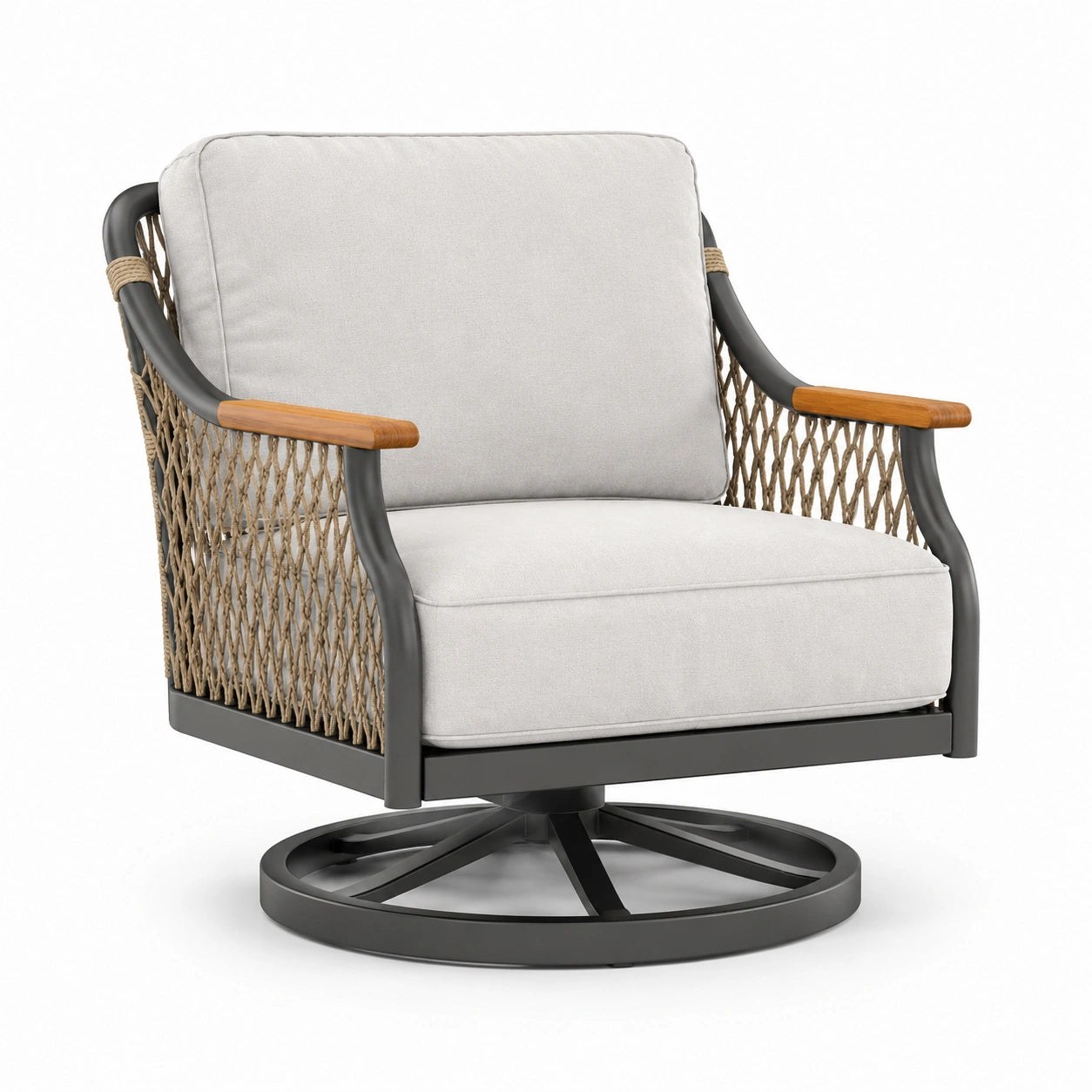 Silla giratoria de acero y ratán con cojines de tejido crema