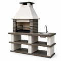 Parrilla de obra con fregadero de acero inoxidable y encimera de hormigón, ladrillo y metal
