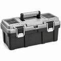 Caja de herramientas de polipropileno negro y gris con cierres metálicos