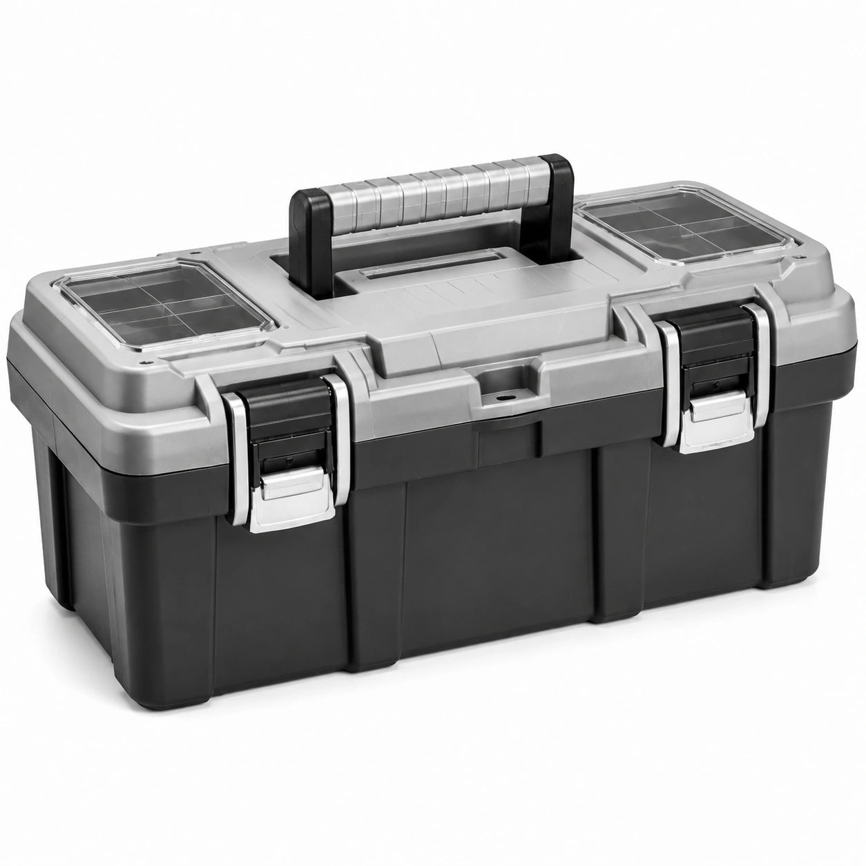 Caja de herramientas de polipropileno negro y gris con cierres metálicos