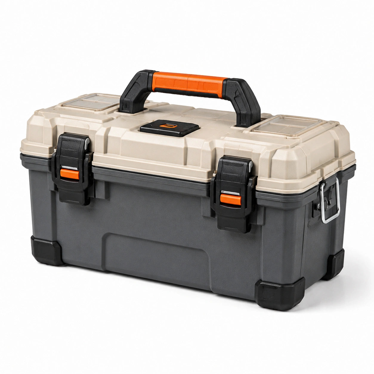 Caja de herramientas de polipropileno con cierre de seguridad y asa plegable 45x25x22 cm gris y beige