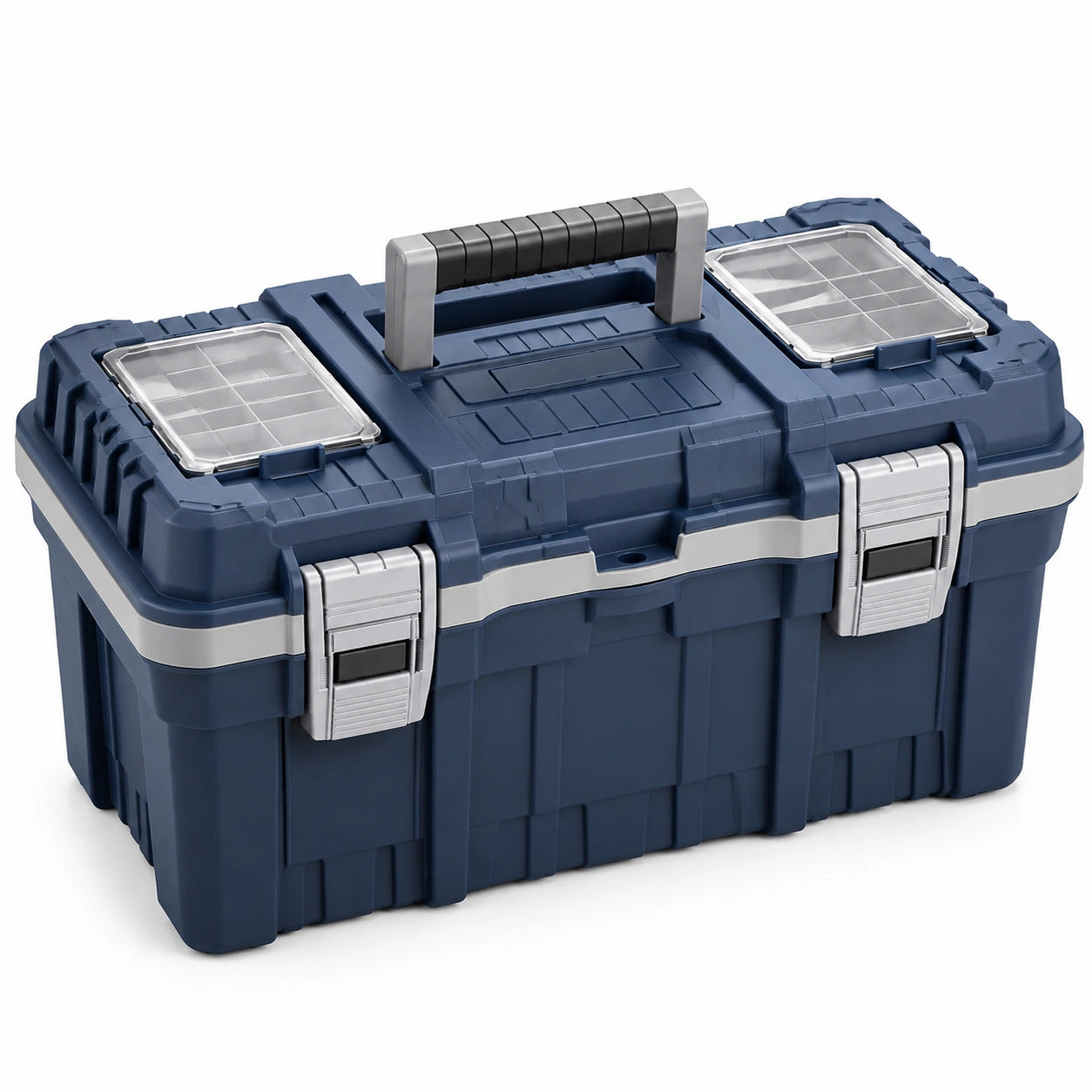 Caja de herramientas de polipropileno azul con compartimentos de policarbonato