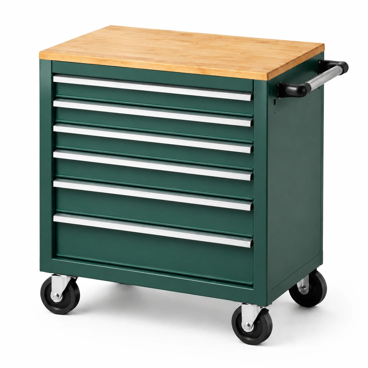Carro metálico verde con encimera de madera de roble y ruedas, 7 cajones
