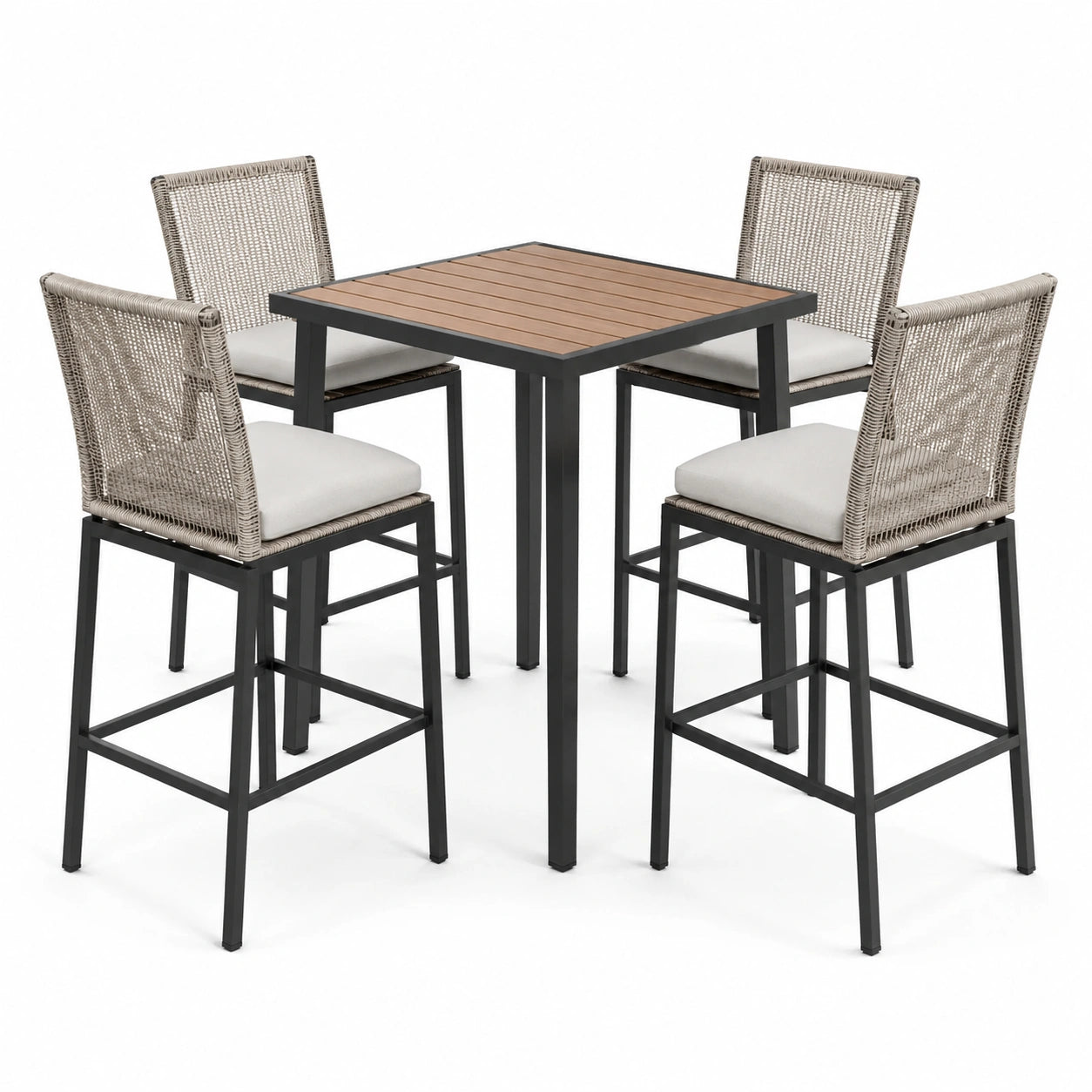 Conjunto de bar de aluminio y madera con sillas de ratán sintético en marrón y gris