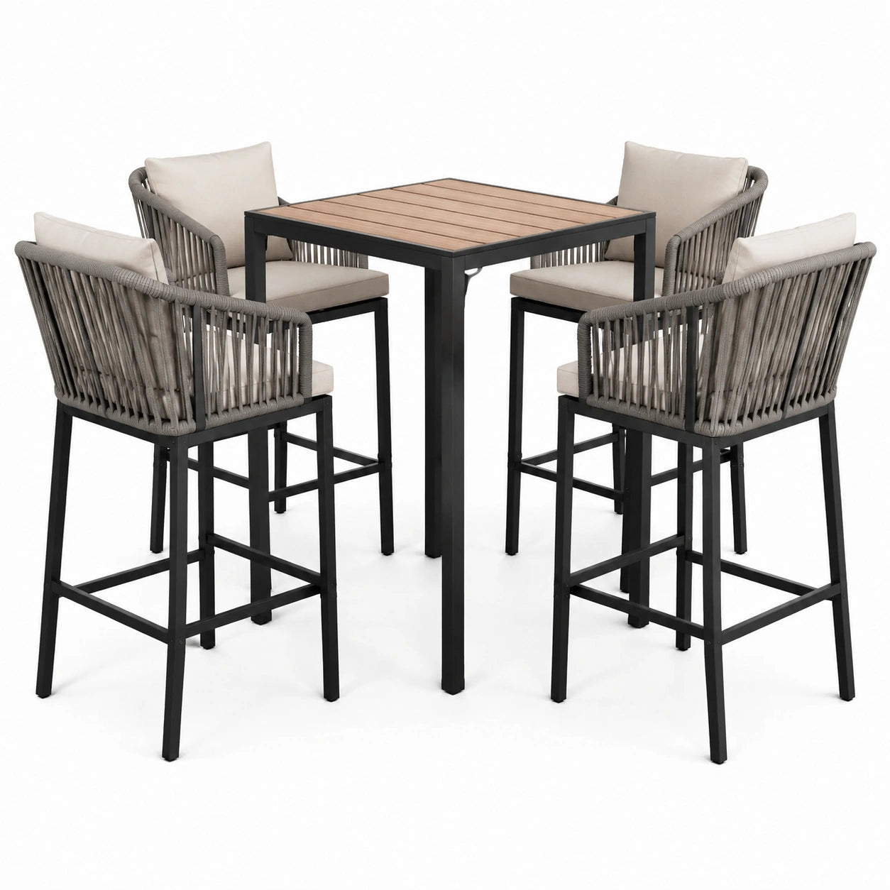 Conjunto de bar de aluminio y teca con 4 sillas de cuerda sintética
