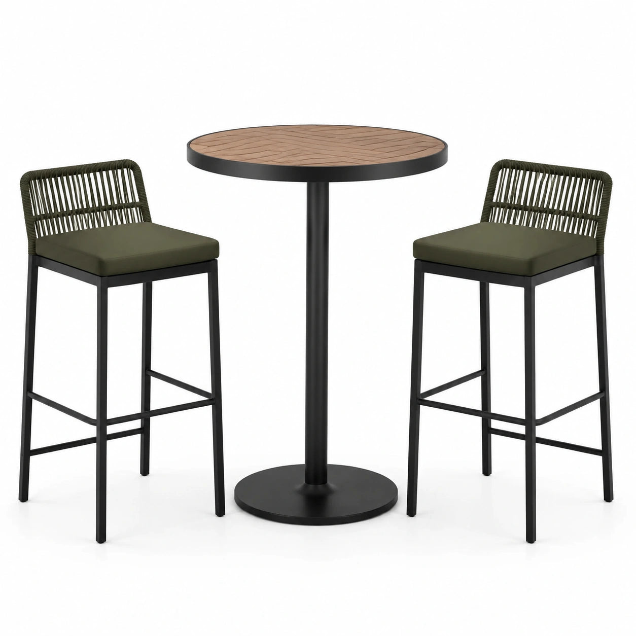 Conjunto de bar con mesa de acacia y taburetes verde